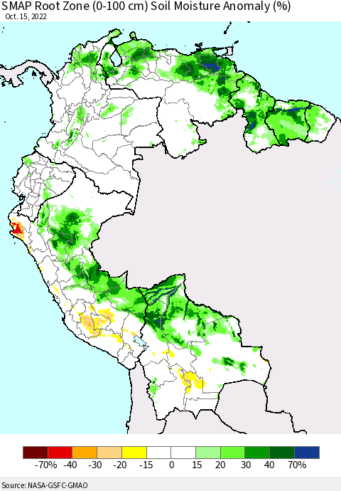 Northern South America SMAP Root Zone (0-100 cm) Soil Moisture Anomaly (%) Thematic Map For 10/11/2022 - 10/15/2022