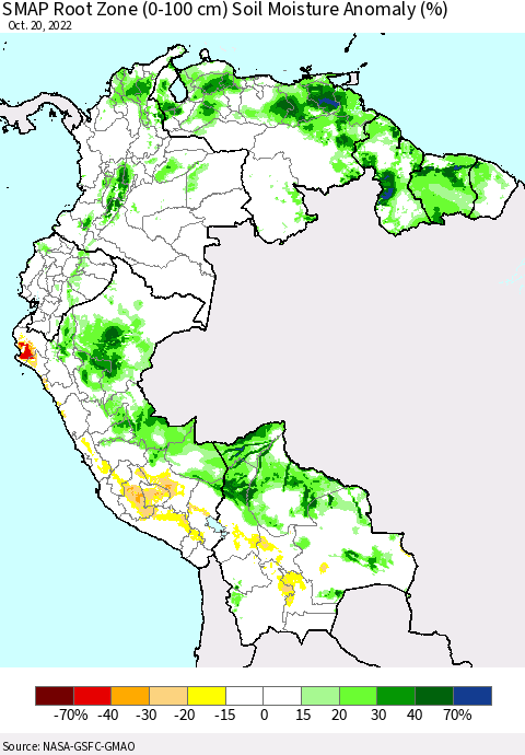 Northern South America SMAP Root Zone (0-100 cm) Soil Moisture Anomaly (%) Thematic Map For 10/16/2022 - 10/20/2022