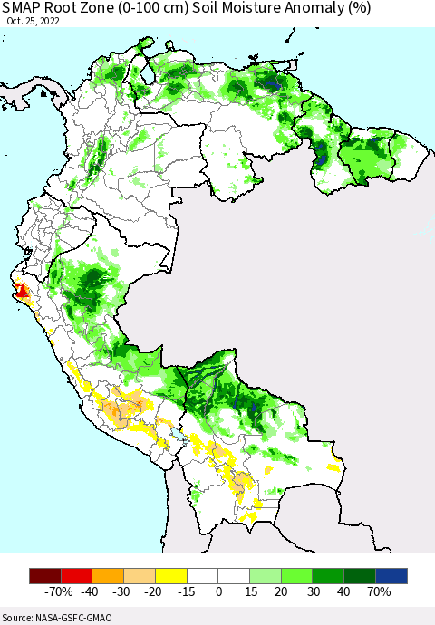 Northern South America SMAP Root Zone (0-100 cm) Soil Moisture Anomaly (%) Thematic Map For 10/21/2022 - 10/25/2022