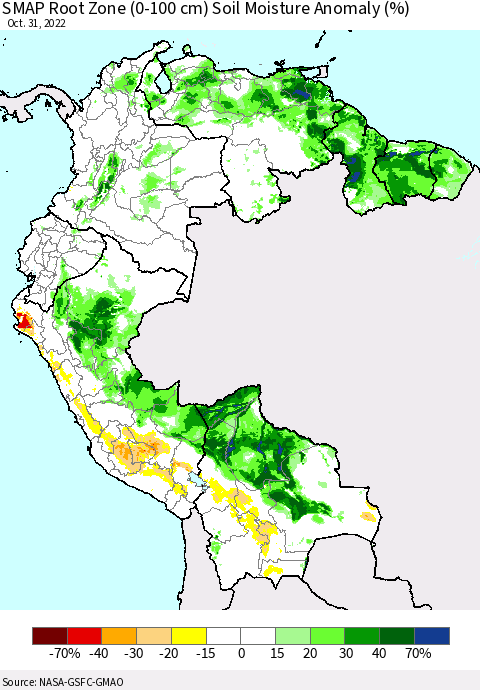 Northern South America SMAP Root Zone (0-100 cm) Soil Moisture Anomaly (%) Thematic Map For 10/26/2022 - 10/31/2022