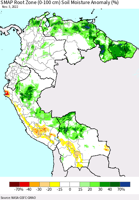 Northern South America SMAP Root Zone (0-100 cm) Soil Moisture Anomaly (%) Thematic Map For 11/1/2022 - 11/5/2022