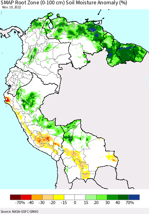 Northern South America SMAP Root Zone (0-100 cm) Soil Moisture Anomaly (%) Thematic Map For 11/6/2022 - 11/10/2022