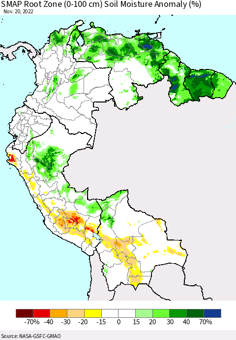 Northern South America SMAP Root Zone (0-100 cm) Soil Moisture Anomaly (%) Thematic Map For 11/16/2022 - 11/20/2022