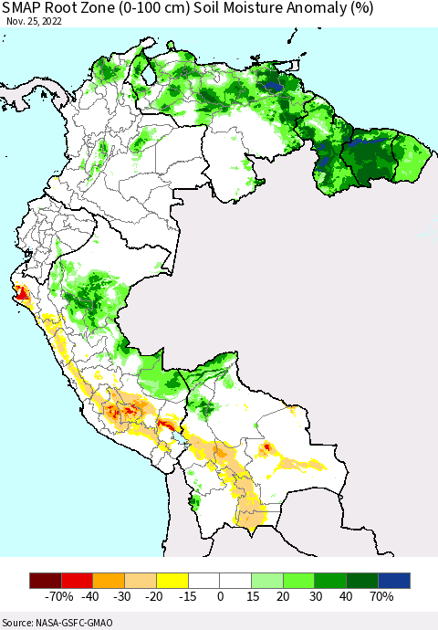 Northern South America SMAP Root Zone (0-100 cm) Soil Moisture Anomaly (%) Thematic Map For 11/21/2022 - 11/25/2022
