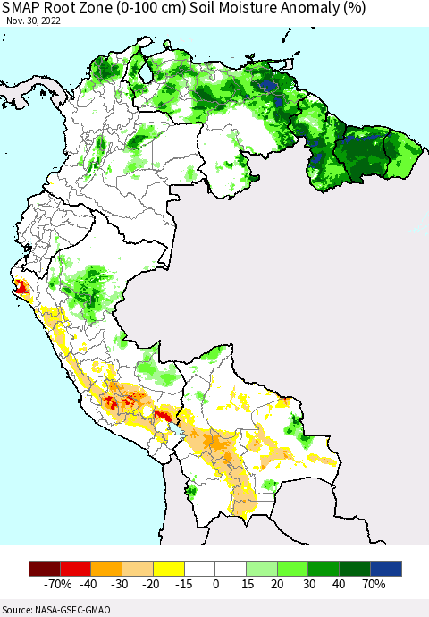 Northern South America SMAP Root Zone (0-100 cm) Soil Moisture Anomaly (%) Thematic Map For 11/26/2022 - 11/30/2022