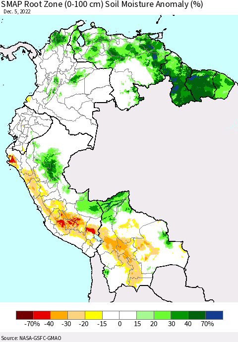 Northern South America SMAP Root Zone (0-100 cm) Soil Moisture Anomaly (%) Thematic Map For 12/1/2022 - 12/5/2022
