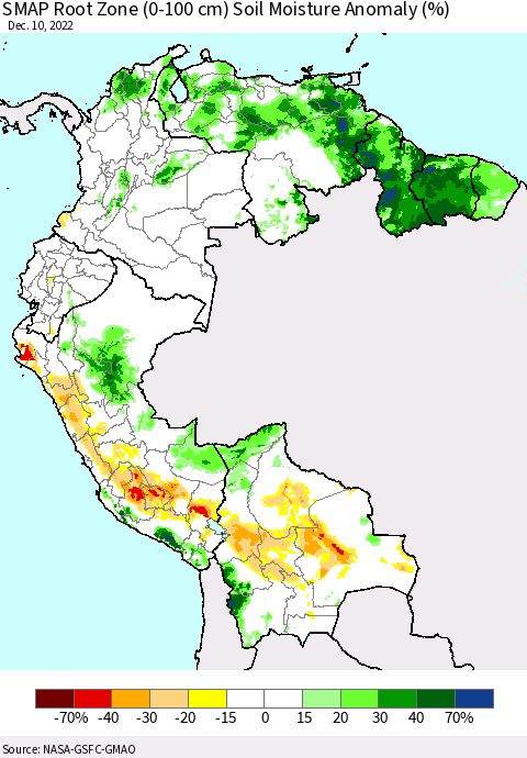 Northern South America SMAP Root Zone (0-100 cm) Soil Moisture Anomaly (%) Thematic Map For 12/6/2022 - 12/10/2022