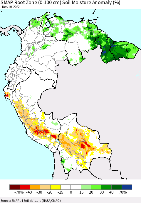 Northern South America SMAP Root Zone (0-100 cm) Soil Moisture Anomaly (%) Thematic Map For 12/6/2022 - 12/10/2022