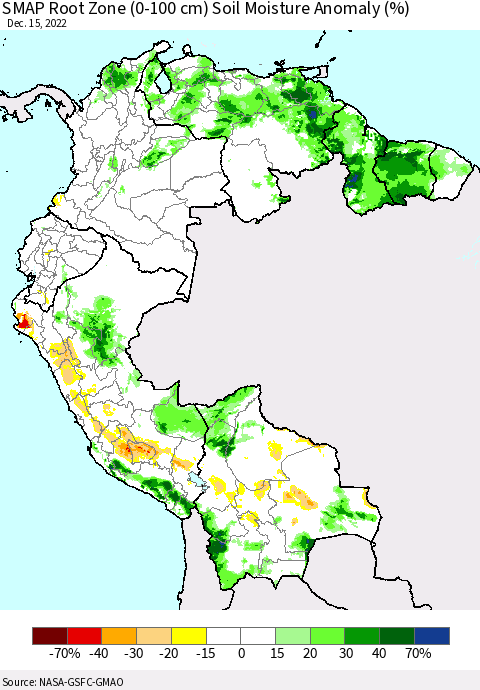 Northern South America SMAP Root Zone (0-100 cm) Soil Moisture Anomaly (%) Thematic Map For 12/11/2022 - 12/15/2022