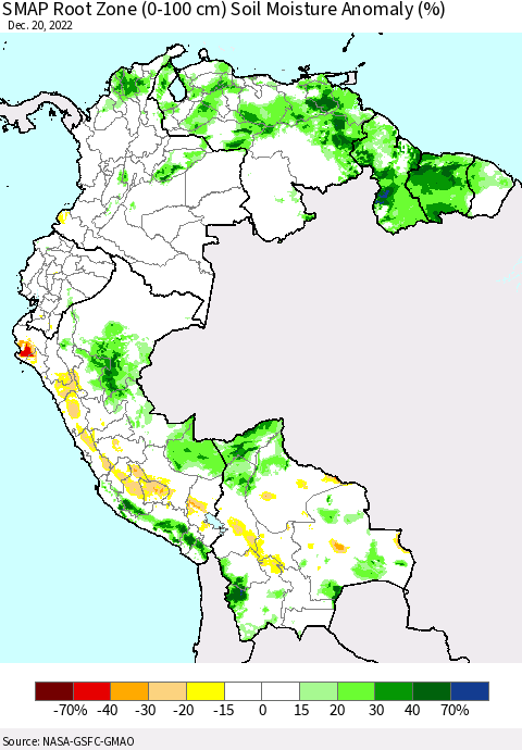 Northern South America SMAP Root Zone (0-100 cm) Soil Moisture Anomaly (%) Thematic Map For 12/16/2022 - 12/20/2022