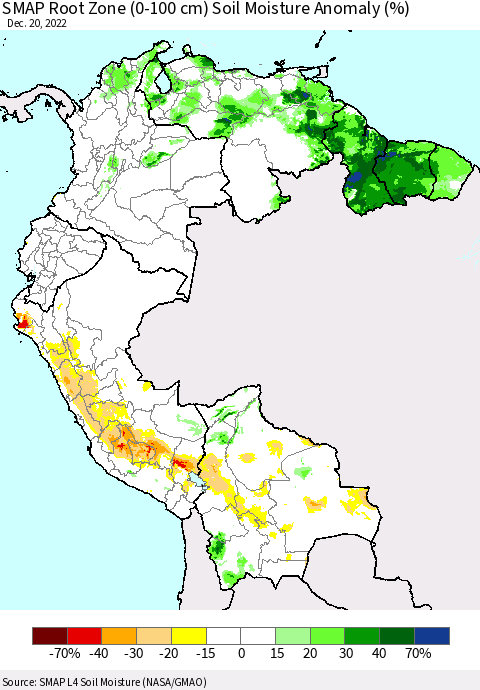 Northern South America SMAP Root Zone (0-100 cm) Soil Moisture Anomaly (%) Thematic Map For 12/16/2022 - 12/20/2022