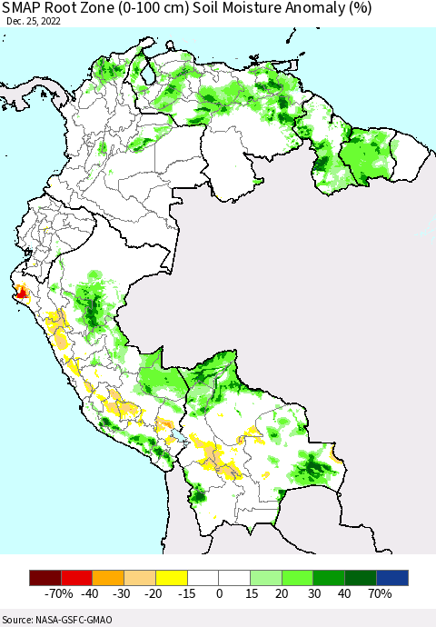Northern South America SMAP Root Zone (0-100 cm) Soil Moisture Anomaly (%) Thematic Map For 12/21/2022 - 12/25/2022