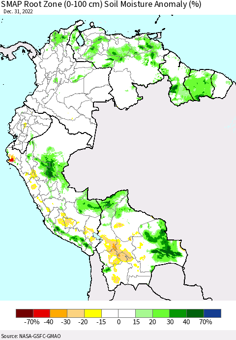 Northern South America SMAP Root Zone (0-100 cm) Soil Moisture Anomaly (%) Thematic Map For 12/26/2022 - 12/31/2022