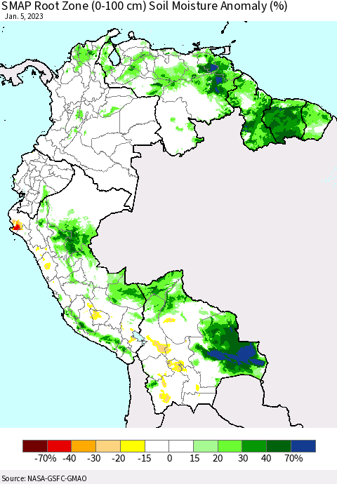 Northern South America SMAP Root Zone (0-100 cm) Soil Moisture Anomaly (%) Thematic Map For 1/1/2023 - 1/5/2023