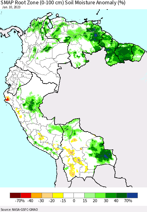 Northern South America SMAP Root Zone (0-100 cm) Soil Moisture Anomaly (%) Thematic Map For 1/6/2023 - 1/10/2023