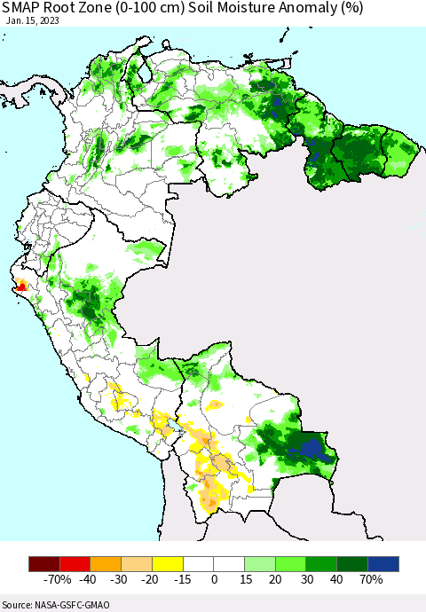 Northern South America SMAP Root Zone (0-100 cm) Soil Moisture Anomaly (%) Thematic Map For 1/11/2023 - 1/15/2023