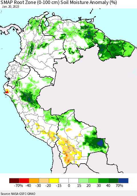 Northern South America SMAP Root Zone (0-100 cm) Soil Moisture Anomaly (%) Thematic Map For 1/16/2023 - 1/20/2023