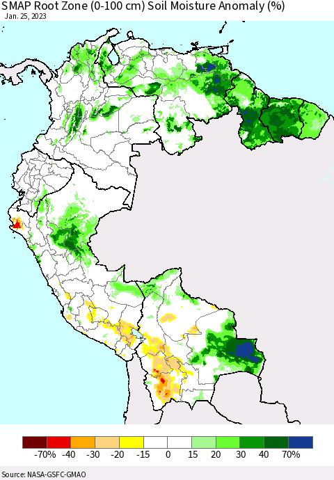 Northern South America SMAP Root Zone (0-100 cm) Soil Moisture Anomaly (%) Thematic Map For 1/21/2023 - 1/25/2023