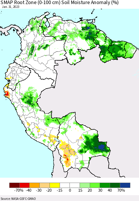 Northern South America SMAP Root Zone (0-100 cm) Soil Moisture Anomaly (%) Thematic Map For 1/26/2023 - 1/31/2023