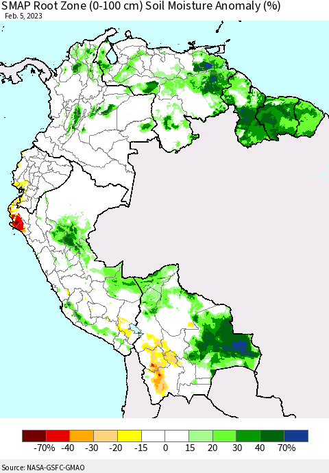 Northern South America SMAP Root Zone (0-100 cm) Soil Moisture Anomaly (%) Thematic Map For 2/1/2023 - 2/5/2023