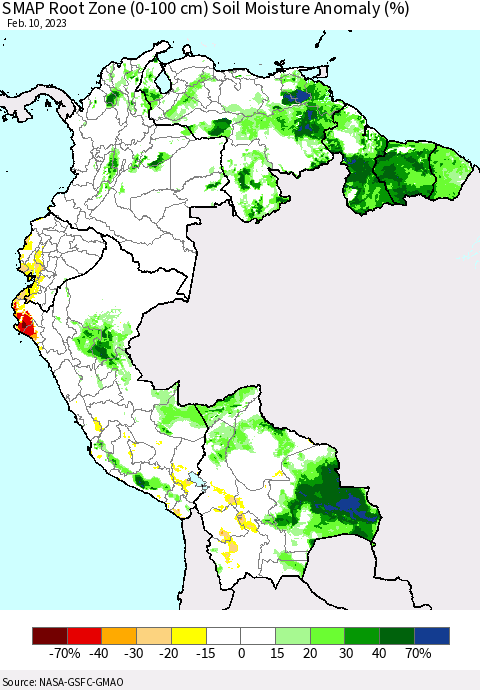 Northern South America SMAP Root Zone (0-100 cm) Soil Moisture Anomaly (%) Thematic Map For 2/6/2023 - 2/10/2023