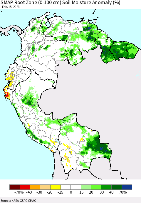 Northern South America SMAP Root Zone (0-100 cm) Soil Moisture Anomaly (%) Thematic Map For 2/11/2023 - 2/15/2023