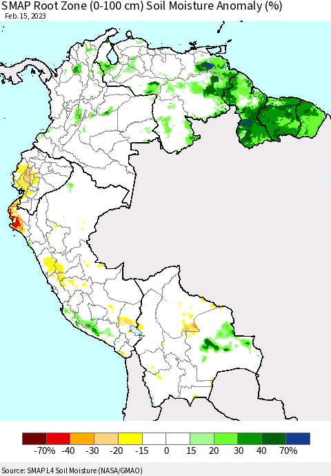 Northern South America SMAP Root Zone (0-100 cm) Soil Moisture Anomaly (%) Thematic Map For 2/11/2023 - 2/15/2023