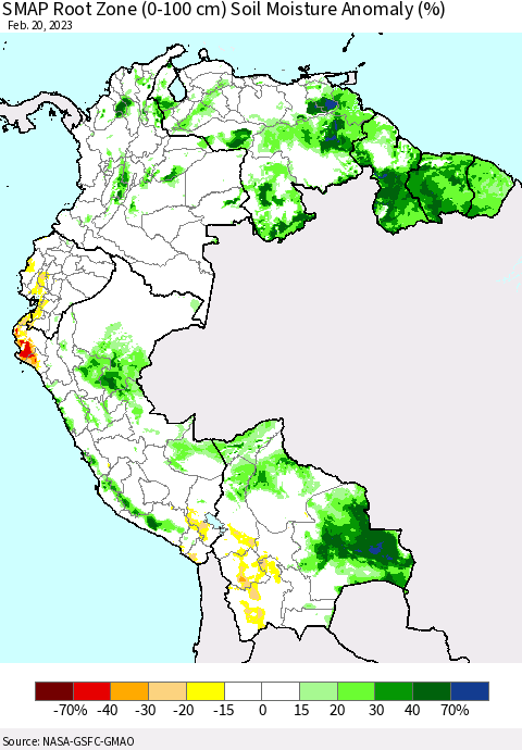 Northern South America SMAP Root Zone (0-100 cm) Soil Moisture Anomaly (%) Thematic Map For 2/16/2023 - 2/20/2023