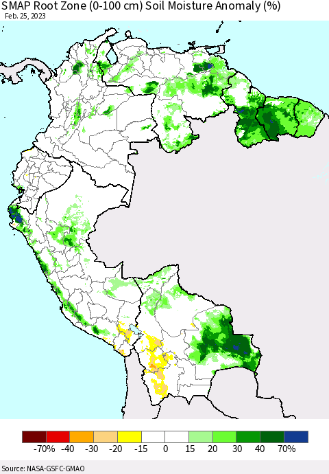Northern South America SMAP Root Zone (0-100 cm) Soil Moisture Anomaly (%) Thematic Map For 2/21/2023 - 2/25/2023