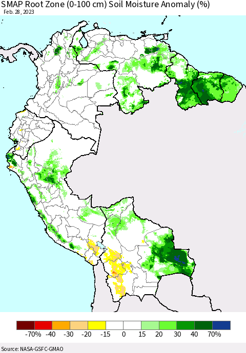 Northern South America SMAP Root Zone (0-100 cm) Soil Moisture Anomaly (%) Thematic Map For 2/26/2023 - 2/28/2023