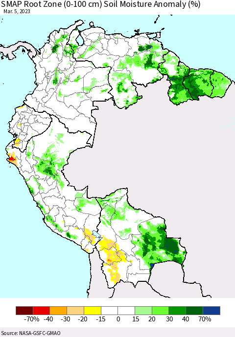 Northern South America SMAP Root Zone (0-100 cm) Soil Moisture Anomaly (%) Thematic Map For 3/1/2023 - 3/5/2023