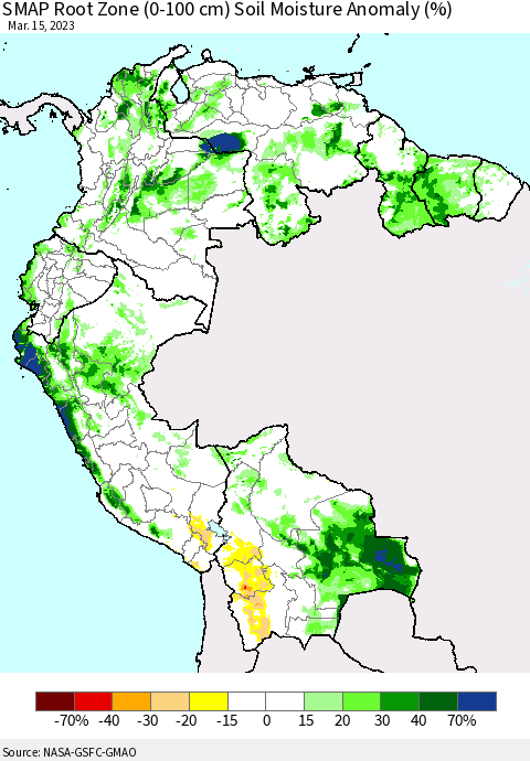 Northern South America SMAP Root Zone (0-100 cm) Soil Moisture Anomaly (%) Thematic Map For 3/11/2023 - 3/15/2023