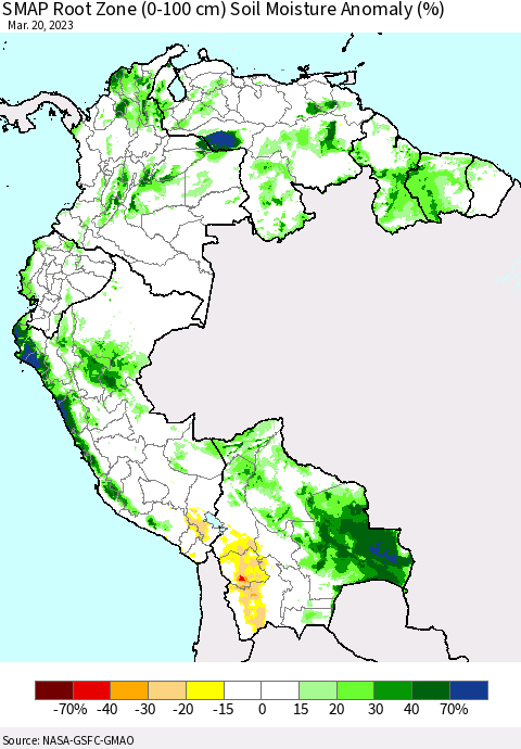 Northern South America SMAP Root Zone (0-100 cm) Soil Moisture Anomaly (%) Thematic Map For 3/16/2023 - 3/20/2023