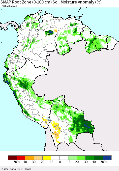 Northern South America SMAP Root Zone (0-100 cm) Soil Moisture Anomaly (%) Thematic Map For 3/21/2023 - 3/25/2023