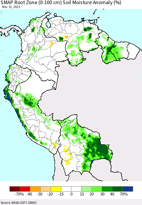 Northern South America SMAP Root Zone (0-100 cm) Soil Moisture Anomaly (%) Thematic Map For 3/26/2023 - 3/31/2023