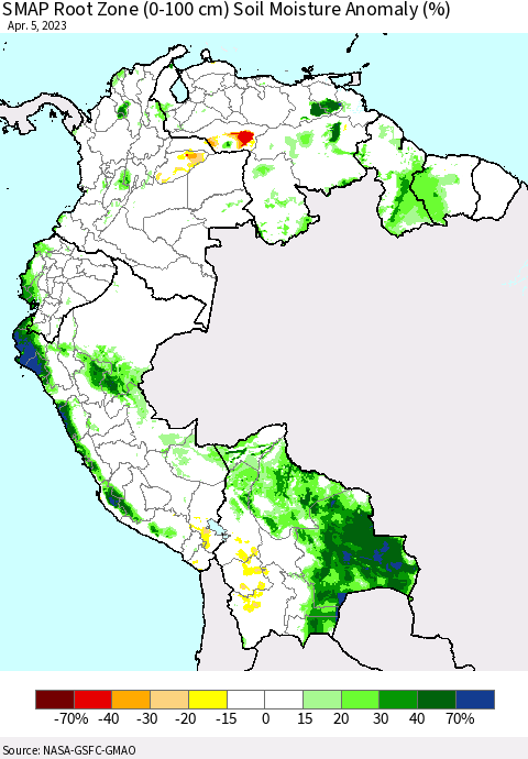 Northern South America SMAP Root Zone (0-100 cm) Soil Moisture Anomaly (%) Thematic Map For 4/1/2023 - 4/5/2023