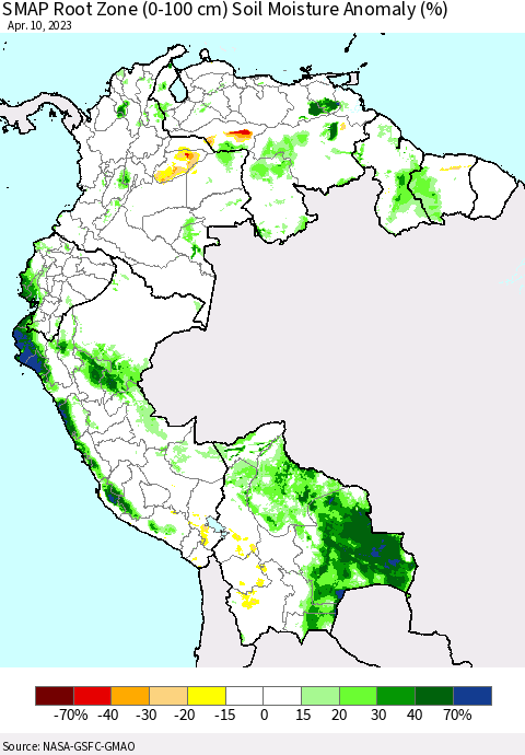 Northern South America SMAP Root Zone (0-100 cm) Soil Moisture Anomaly (%) Thematic Map For 4/6/2023 - 4/10/2023