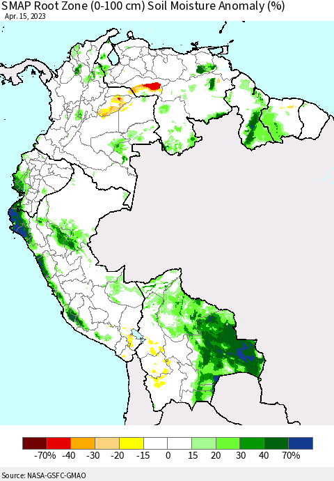 Northern South America SMAP Root Zone (0-100 cm) Soil Moisture Anomaly (%) Thematic Map For 4/11/2023 - 4/15/2023
