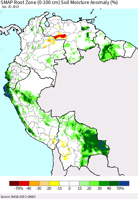 Northern South America SMAP Root Zone (0-100 cm) Soil Moisture Anomaly (%) Thematic Map For 4/16/2023 - 4/20/2023