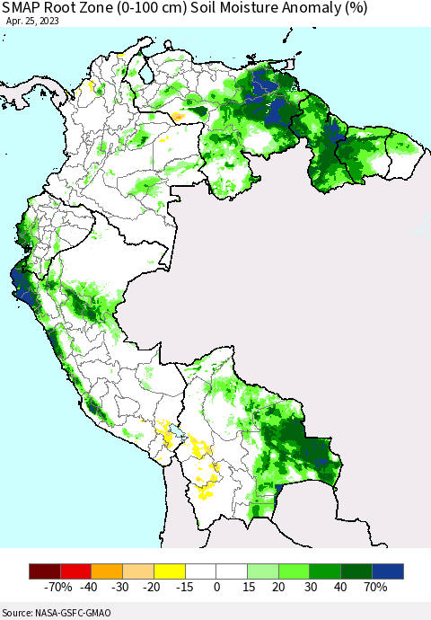 Northern South America SMAP Root Zone (0-100 cm) Soil Moisture Anomaly (%) Thematic Map For 4/21/2023 - 4/25/2023