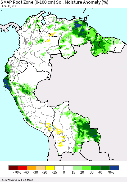 Northern South America SMAP Root Zone (0-100 cm) Soil Moisture Anomaly (%) Thematic Map For 4/26/2023 - 4/30/2023