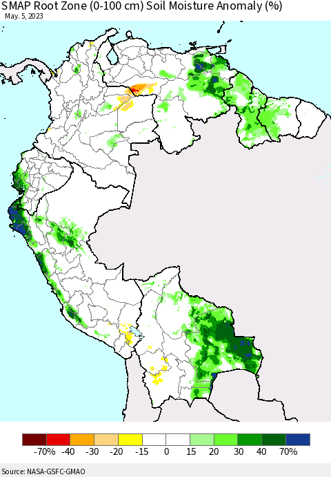Northern South America SMAP Root Zone (0-100 cm) Soil Moisture Anomaly (%) Thematic Map For 5/1/2023 - 5/5/2023