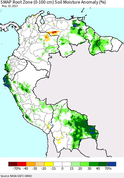 Northern South America SMAP Root Zone (0-100 cm) Soil Moisture Anomaly (%) Thematic Map For 5/6/2023 - 5/10/2023