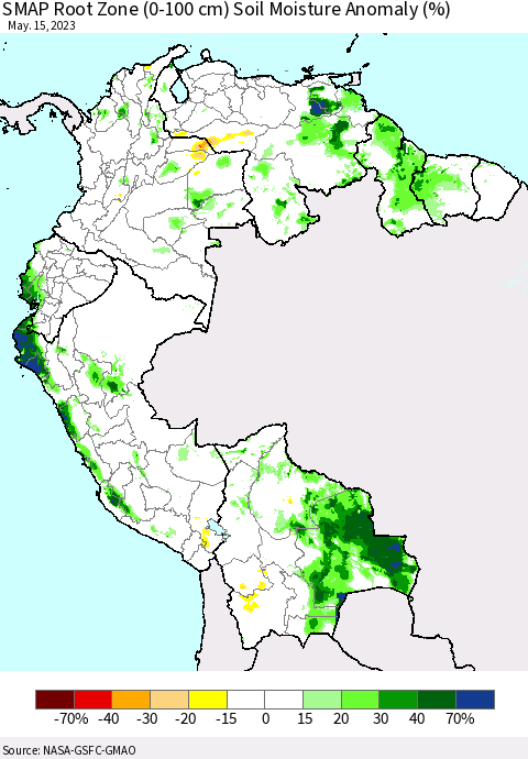 Northern South America SMAP Root Zone (0-100 cm) Soil Moisture Anomaly (%) Thematic Map For 5/11/2023 - 5/15/2023