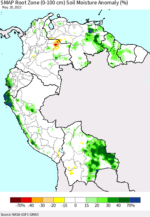 Northern South America SMAP Root Zone (0-100 cm) Soil Moisture Anomaly (%) Thematic Map For 5/16/2023 - 5/20/2023