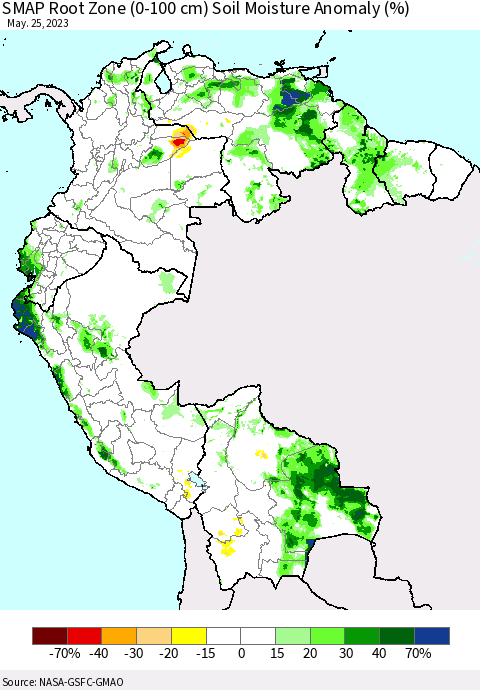 Northern South America SMAP Root Zone (0-100 cm) Soil Moisture Anomaly (%) Thematic Map For 5/21/2023 - 5/25/2023
