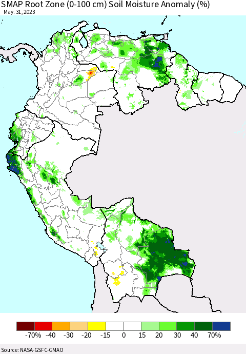 Northern South America SMAP Root Zone (0-100 cm) Soil Moisture Anomaly (%) Thematic Map For 5/26/2023 - 5/31/2023