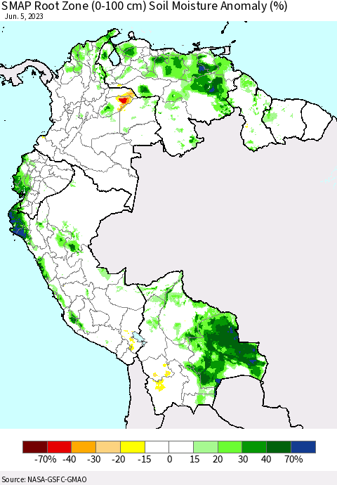 Northern South America SMAP Root Zone (0-100 cm) Soil Moisture Anomaly (%) Thematic Map For 6/1/2023 - 6/5/2023