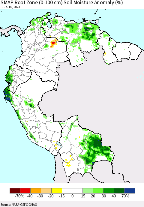 Northern South America SMAP Root Zone (0-100 cm) Soil Moisture Anomaly (%) Thematic Map For 6/6/2023 - 6/10/2023