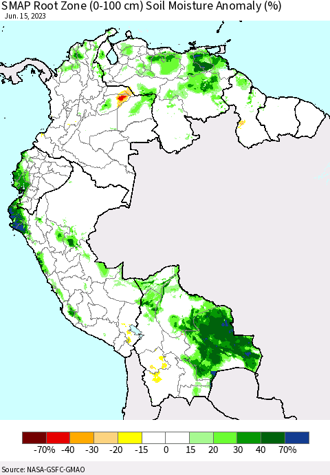 Northern South America SMAP Root Zone (0-100 cm) Soil Moisture Anomaly (%) Thematic Map For 6/11/2023 - 6/15/2023